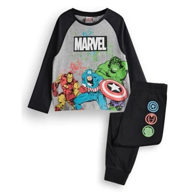 Image of Marvel Avengers Boys Pyjama Set Kids Superhero Long Sleeve Leg Graphic PJs in Grey &amp; Black Iron Man Incredible Hulk Captain America Classic Comic Book Artwork Film Movie Merchandise Gift