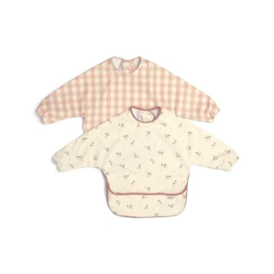 Image of Mamas &amp; Papas 2 Pack Waterproof Long Sleeved Messy Baby Bibs, Ideal for Weaning 6 18 Months Berry Picnic