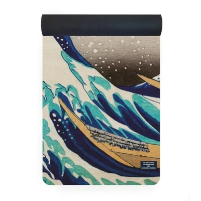 Image of Yoga Studio Vegan Suede Microfiber Mat 183cm x 61cm, 4mm Natural Tree Rubber for Power Yoga, Hot Silicone Free (The Great Wave off Kanagawa)