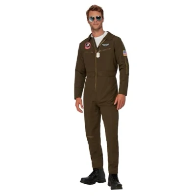 Image of Smiffys Top Gun Maverick Men&#039;s Aviator Costume, Adults Green Jumpsuit &amp; Changeable Name Badges, Official License Outfit with Zip Detail on Front, Badges Zip, Halloween Fancy Dress