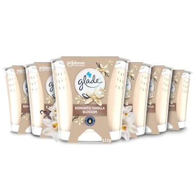 Image of Glade Jar Candle, Scented Candle Infused with Essential Oils, Up to 30 Hour Burn Time, Vanilla Blossom, Pack of 6 (6 x 112g)