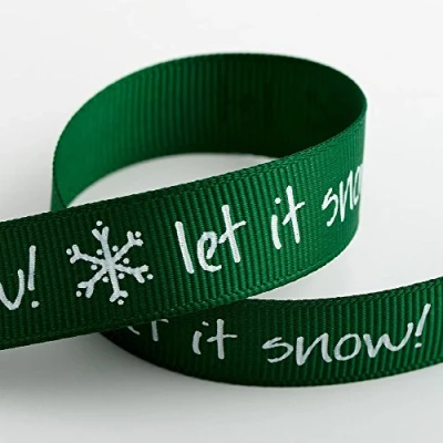 Image of Christmas Grosgrain Ribbon Green Let It Snow + Snowflakes 16mm x 5m