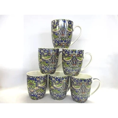 Image of Heron Cross Pottery &quot;Abbeydale Collection&quot; Set of 6 Aspen China Mugs in William Blue Strawberry thief design