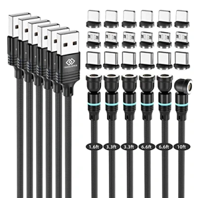 Image of Trescopes Magnetic Fast Charging Cable [6 Pack] 540 Rotating Heads. Phone Charger and Data Transfer. Compatible for Micro USB, Type C all Smartphones, USB