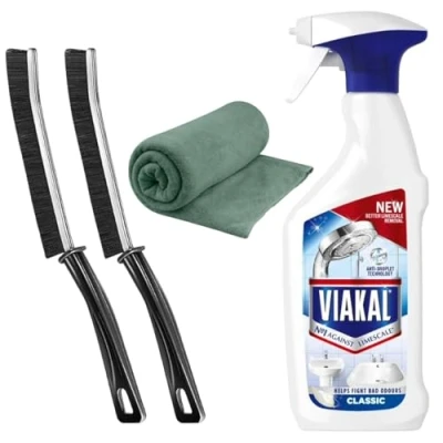 Image of Viacal 500ml Spray Limescale Remover kit, Crevice Cleaning Brush &amp; Microfiber Cloth Kit Limesacle bundle for Kitchens Bathrooms Descaler
