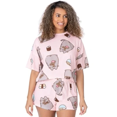 Image of Pusheen Womens Pyjama Set Ladies Cropped Short Sleeved T Shirt With Shorts Bottoms Pjs Pastel Pink Cartoon the Cat All Over Print Nightwear Merchandise for Adults