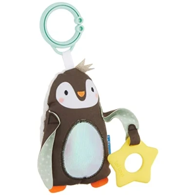 Image of Taf Toys Prince the Penguin Plush Toy with Chew Teether &amp; Soft Chime Bell. Use as Comforter or attach to Pram, Cot Baby Gym. BPA Free Teething Gift