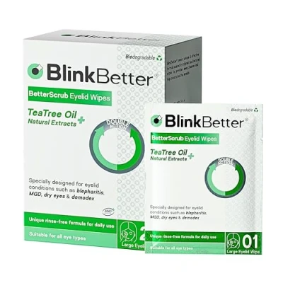 Image of BlinkBetter Tea Tree Oil Eyelid Wipes Natural Blepharitis, MGD &amp; Dry Eye Relief Cleansing, Soothing, Dual Textured, Triple Moisture Formula Biodegradable Gentle 20