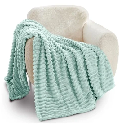Image of GC GAVNO CAVAILIA Ribbed Blanket Throw Fluffy Fleece Throws For Sofas, Bed, Settee, Couch Comfortable Extra Large Blankets &amp; King Size 200x240 Cm Duck Egg