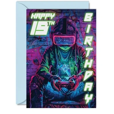 Image of 19th Birthday Cards for Men Women Video Game Gamer Happy 19 Card Son Daughter Brother Sister Friend, A5 Nineteen Nineteenth Bday Greeting