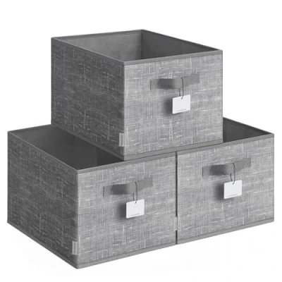 Image of SONGMICES Collapsible Storage Boxes, Set of 3 Fabric Baskets, 40 x 30 24 cm, Wardrobe Organisers, 2 Handles, Label Holders, for Bedroom, Living Room, Cattail Grey ROB440G01