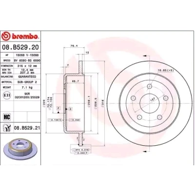 Image of 52060147AA Brake DISC BREMBO Coated LINE 08.B529.21 316mm 12mm 5 solid High carbon JEEP: Wrangler 3, IV