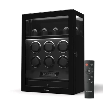 Image of KLARSTEIN SecureTouch Watch Winder for 10 Watches Automatic Box with Silent Japanese Motor, Fingerprint Lock, LCD Display, 41 TPD Settings, LED Lighting &amp; Jewellery Drawer
