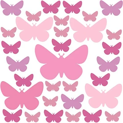 Image of PREMYO Set of 32 Butterfly Wall Stickers Kids Nursery Decor Easy to Apply Decals for Bedrooms Girls Pastel Rose