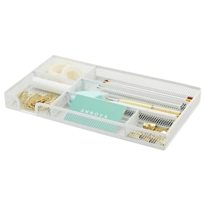 Image of Annova Desk Drawer Organizer Tray for Office Organization Metal Mesh Storage with Dividers Pens, Desktop Accessories, Bathroom, Kitchen, Makeup and Supplies (White)