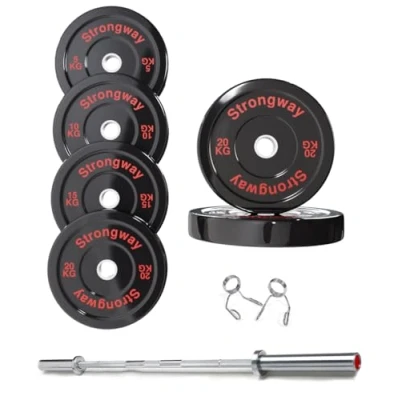 Image of Strongway® Olympic 50KG 70KG 100KG Bumper Weight Plates Sets with 6FT 7FT Barbell 2 Inch (2&quot;) / 50mm Hole Rubber Coated Cast Iron Lifting Bar (100KG SET + BAR)