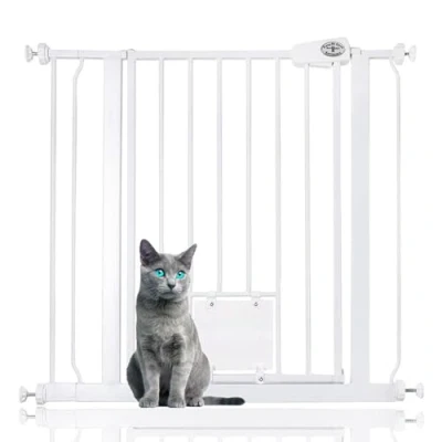 Image of Bettacare Pet Gate with Lockable Cat Flap, 81.4cm 89cm, White, 75cm in Height, Dog Safety Barrier Easy Installation