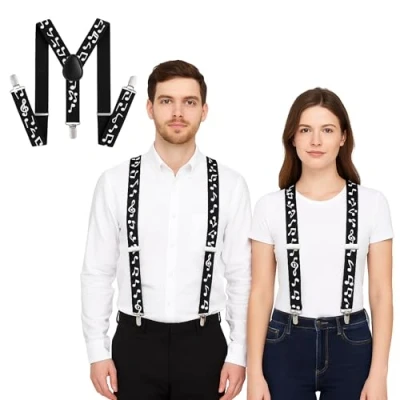 Image of FNA Fashions Mens Ladies Unisex Adjustable Slim Braces Trouser Suspenders Clip On Fancy Dress (Music Printed)