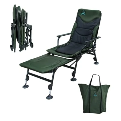 Image of CARPZILLA Foldable Fishing Chair with Footrest 170 Recliner Adjustable Backrest Durable Portable Oxford Fabric Heavy Duty Free Water proof Carry Bag Removable Cushion 350 LBS Weight Limit Green