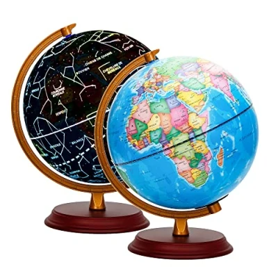 Image of Exerz Illuminated World Globe 20cm Wooden Base French Map Political (Day) Constellation (Night) Lightup LED Lamp Fun And Educational, Home School