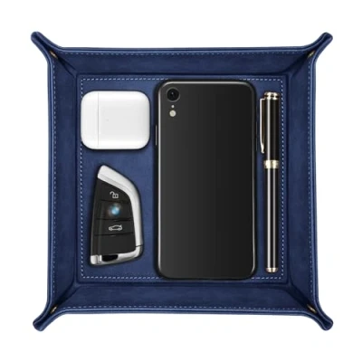 Image of SITHON Valet Tray Desktop Storage Organizer Premium PU Leather Catchall Bedside Vanity Nightstand Caddy Holder for Remote Controller, Keys, Phone, Wallet, Coin, Jewelry, Dark Blue