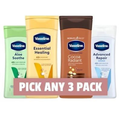 Image of Vaseline Intensive Care Body Lotion 200ml Cocoa Radiant, Aloe Soothe, Advanced Repair, Essential Healing Choose Any 3 Pre Built Unique Pack Bundle 48 Hour Moisture for Nourished, Healthy Skin