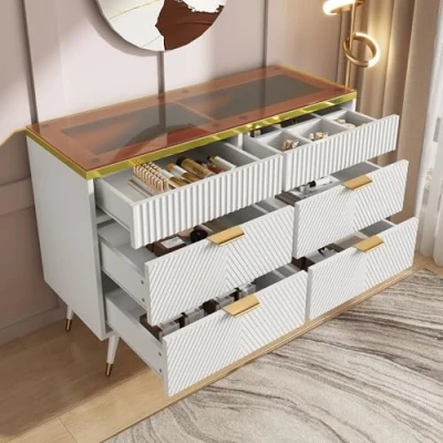 Image of BTM 6 Chest of Drawers, White Sideboard with Anti tip Drawer Bedroom Amber Glass Top, Drawers 120x40x76cm