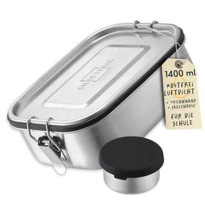 Image of SILBERTHAL Stainless steel lunch box with compartments Large 1400ml for adults Leak proof extra container sauces and dips…