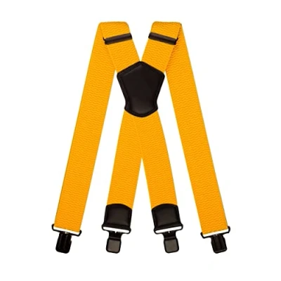 Image of Olata Men&#039;s Multi Purpose Extra Wide X Shape Braces/Suspenders with Leather Shield Centrepiece 5cm. Yellow (Black Clips)