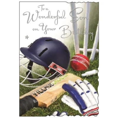 Image of Jonny Javelin Son Birthday Card Wonderful Sporty Cricket Design Special Finishes and Illustrated Insert Leaf Made in the UK, 228 x 158mm