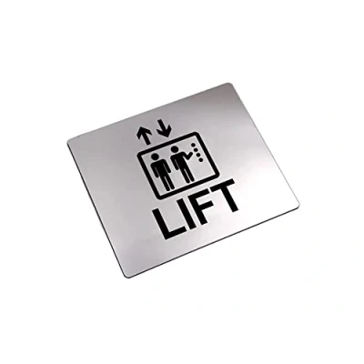 Image of Lift Sign Adhesive Sticker Notice, Metallic Silver Engraved Black with Universal Icon Symbol and Text (Size 12cm x 10cm)