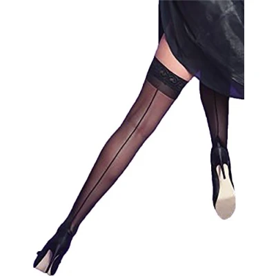 Image of Yummy Bee Hold Up Stockings Women Sheer 15 Denier Seamed Lace Top Silicone Band (Black, M)