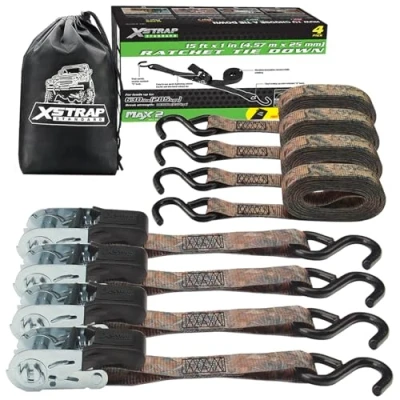 Image of XSTRAP Ratchet Tie Down Straps 4 Pk 1&#039;&#039; x 15 Ft 630 Lbs Load Cap 1890 Break Strength Cargo (Camouflage)