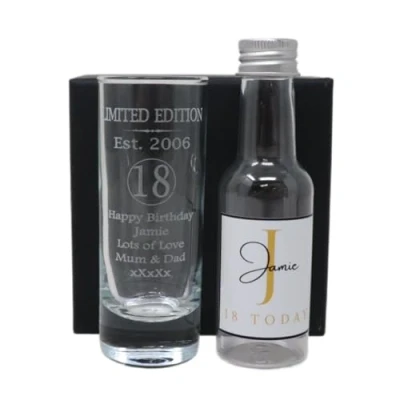 Image of Regalo Laser Engraved Est 2006 18th Birthday Shot Glass Set with Personalised Gold Initial Miniature Bottle Gift for Son or Daughter Girls &amp; Boys (Empty Bottle/No Box)