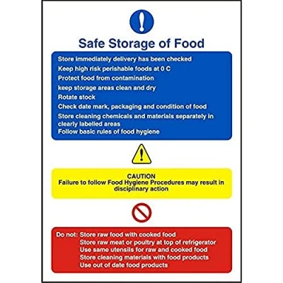 Image of Seco Safe Storage of Food Sign, 200mm x 300mm Self Adhesive Vinyl, Blue/Yellow