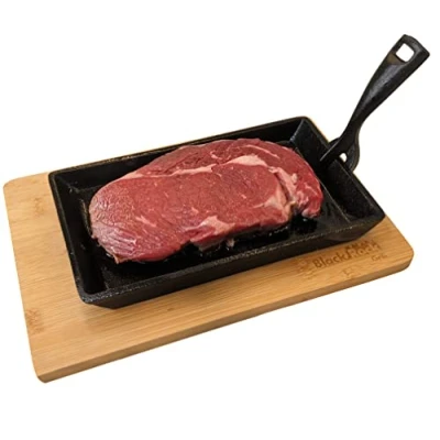 Image of Black Rock Grill Cast Iron Skillet with Wooden Serving Board &amp; Detachable Handle (24cmx14cm) Sizzling Lava Stone Griddle Plate, Oven Proof Restaurant Grade Steak Pan for BBQ, Pizza Parties 1 Set