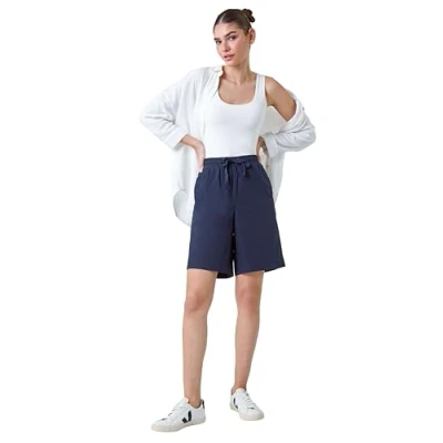 Image of Roman Cotton Tie Detail Pocket Shorts for Women UK Ladies Spring Everyday Summer Holiday Elasticated Waistband Comfy Knee Length Soft Woven Fabric Daywear Vacation Bottoms Navy Size 10