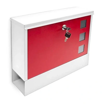 Image of Relaxdays Modern Two Coloured Mailbox Letterbox Lockable with Keys and Newspaper Slot, White Red