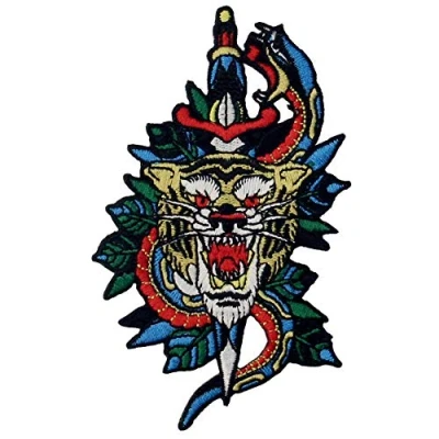 Image of Snake Tiger and Dagger Patch Embroidered Badge Iron On Sew Emblem