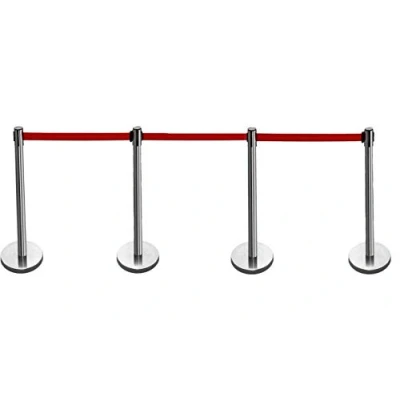 Image of 4 X Silver Queue Barrier BELT Strip Posts Stands Safety Security Stanchion Retractable Rope Divider Steel Crowd Control Set Concrete Filled Base
