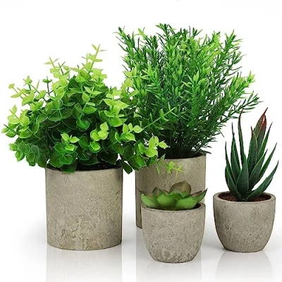 Image of Belle Vous 4 Pack of Artificial Indoor Potted Plants Small Fake Plastic Eucalyptus, Snake Tongue Grass &amp; Succulent Faux Greenery for Office, Desk/Table, Bedroom, Kitchen, or Home Decoration
