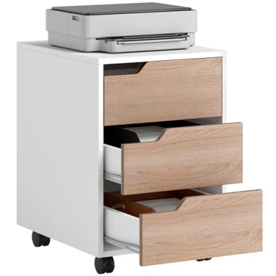 Image of HOMCOM 3 Drawer Mobile File Cabinet, Vertical Filing Cabinet with Wheels for Home Office, Oak