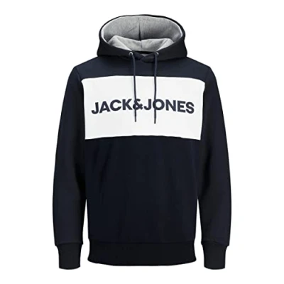 Image of JACK &amp; JONES JJELOGO Men&#039;s Blocking Sweat Hood Noos 12172344, Blue (Navy Blazer/Reg), L