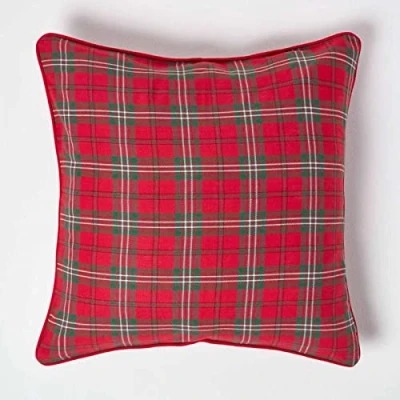 Image of HOMESCAPES 100% Cotton Edward Tartan Check Cushion Cover 45 x cm Square 18 Inches Christmas Red Green sofa Washable