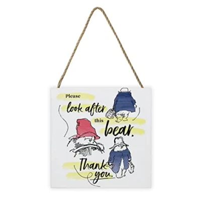 Image of Pyramid International Paddington Bear Artwork (Look After This Design) 20cm x 3cm Woodblock with Hanging Cord Official Merchandise ​, Blue,Gold,Red