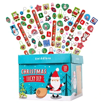 Image of the TWIDDLERS 100 Christmas Party Bag Fillers for Kids, Lucky Dip Box Pass Parcel, Assorted Favours Fun Xmas Designs Perfect Playgroup, Nursery, School Classroom Rewards