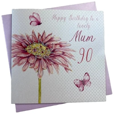 Image of white cotton cards Happy 90th Birthday to a Lovely Mum Handmade Card Pink Gerbera Flower, DS25, 16cm x