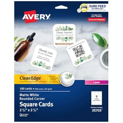 Image of Avery Square Cards with Rounded Edges, 2.5 x inches, Clean Edge, Laser Only, 180 (35703)