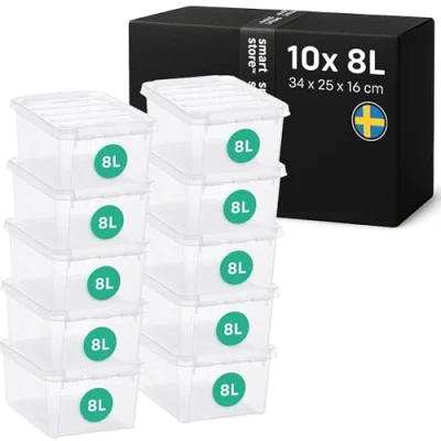 Image of SmartStore Classic 10 8L Clear Storage Boxes with Lids Stackable Bins Clip Lock Large Reinforced BPA Free Plastic Crates Pack of