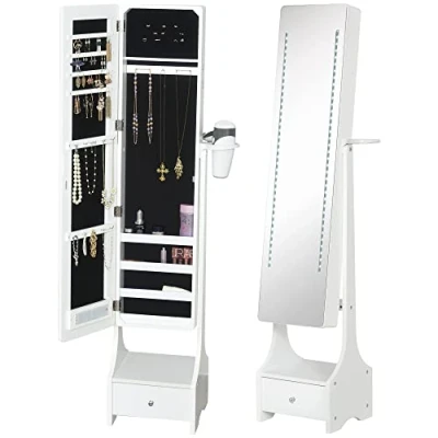 Image of HOMCOM Jewellery Cabinet, Full Length Mirror with Storage, Free Standing LED Lights, Hooks, Drawer and Hairdryer Holder for Bedroom, White